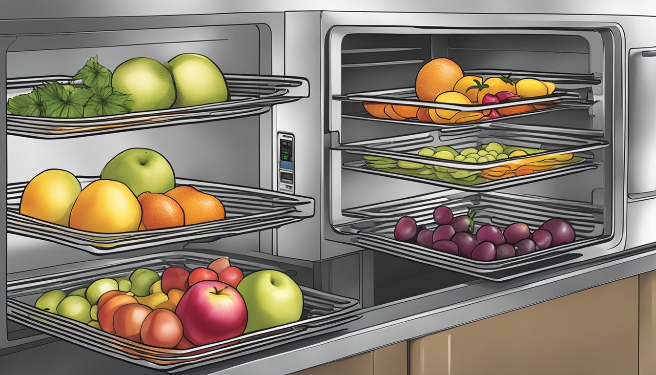 Assorted fruits arranged on NuWave oven trays, with the oven door closed and set to the dehydrate function