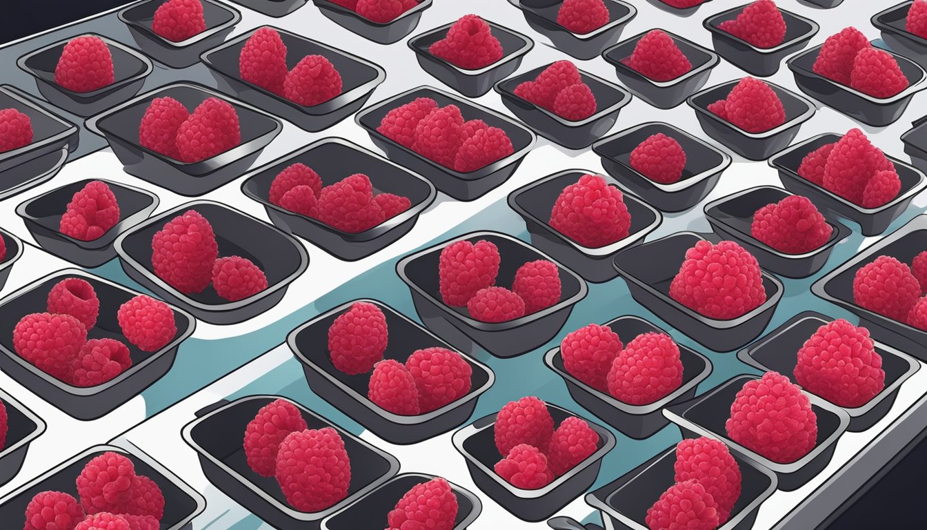 Fresh raspberries laid out on air fryer trays, the machine set to low heat. The dehydrated raspberries are then stored in airtight containers for future use