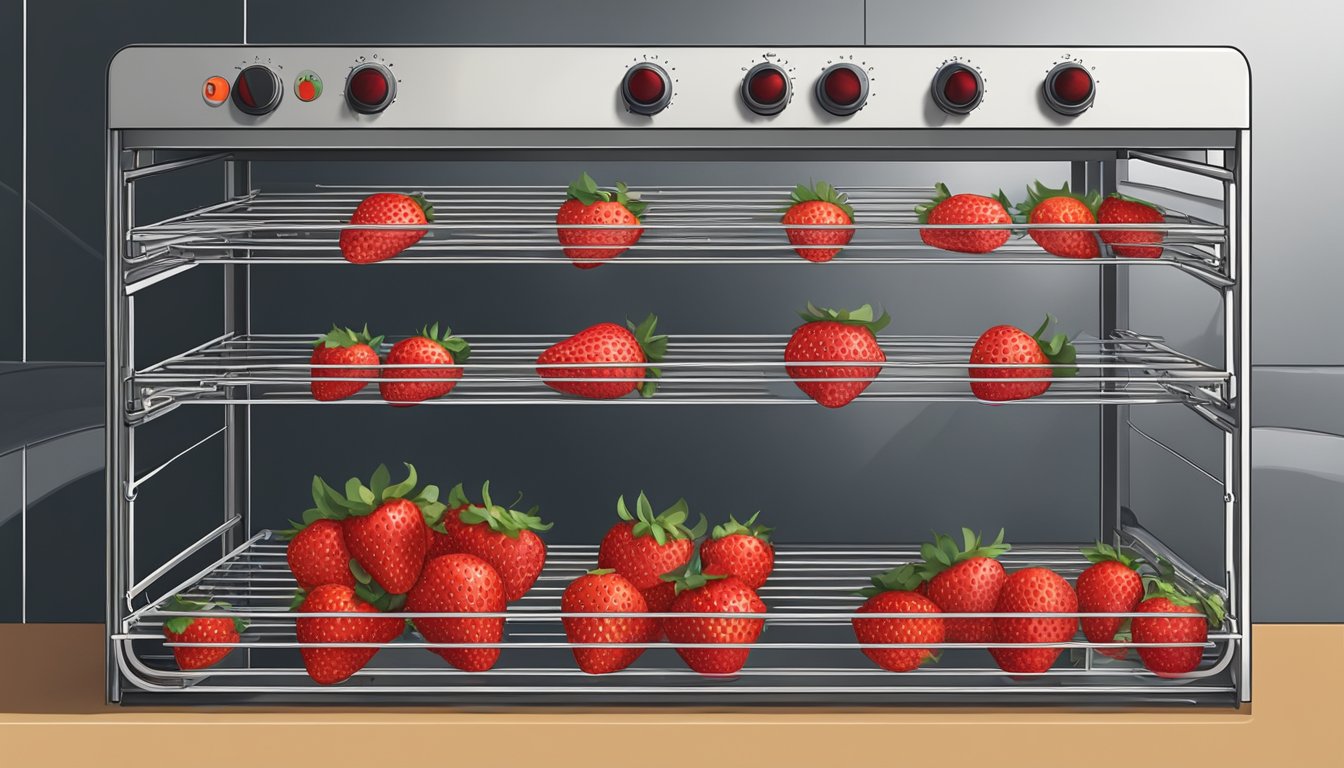 Fresh strawberries arranged on a wire rack inside a preheated oven, with the door slightly ajar to allow air circulation