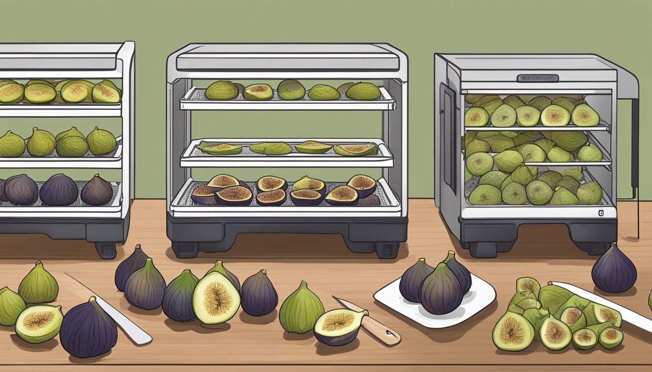 Ripe figs being sliced and arranged on dehydrator trays, then placed inside a Ninja Foodi for drying