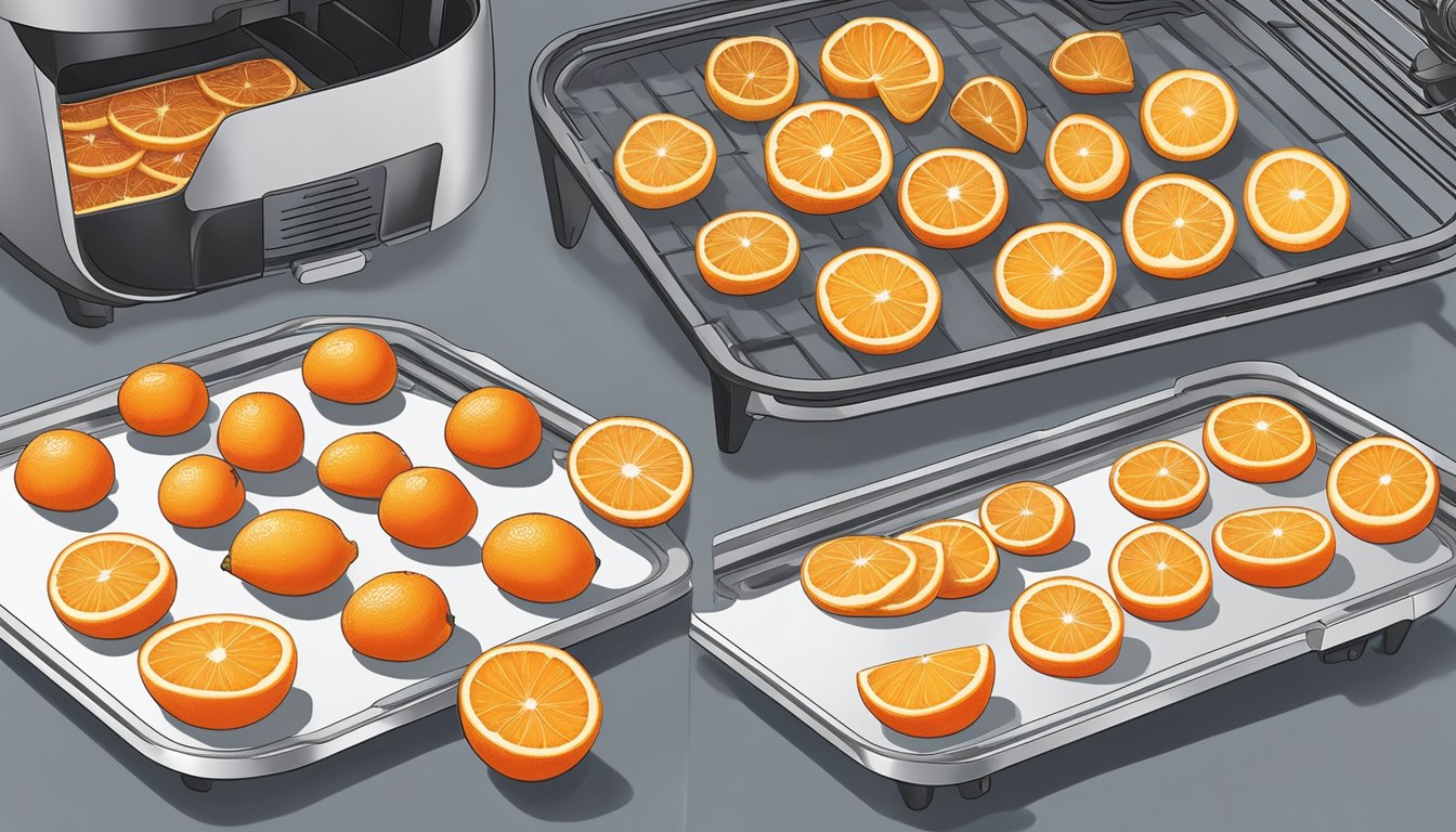 Fresh oranges being sliced into thin rounds, arranged on air fryer trays, and then placed inside the air fryer to dehydrate