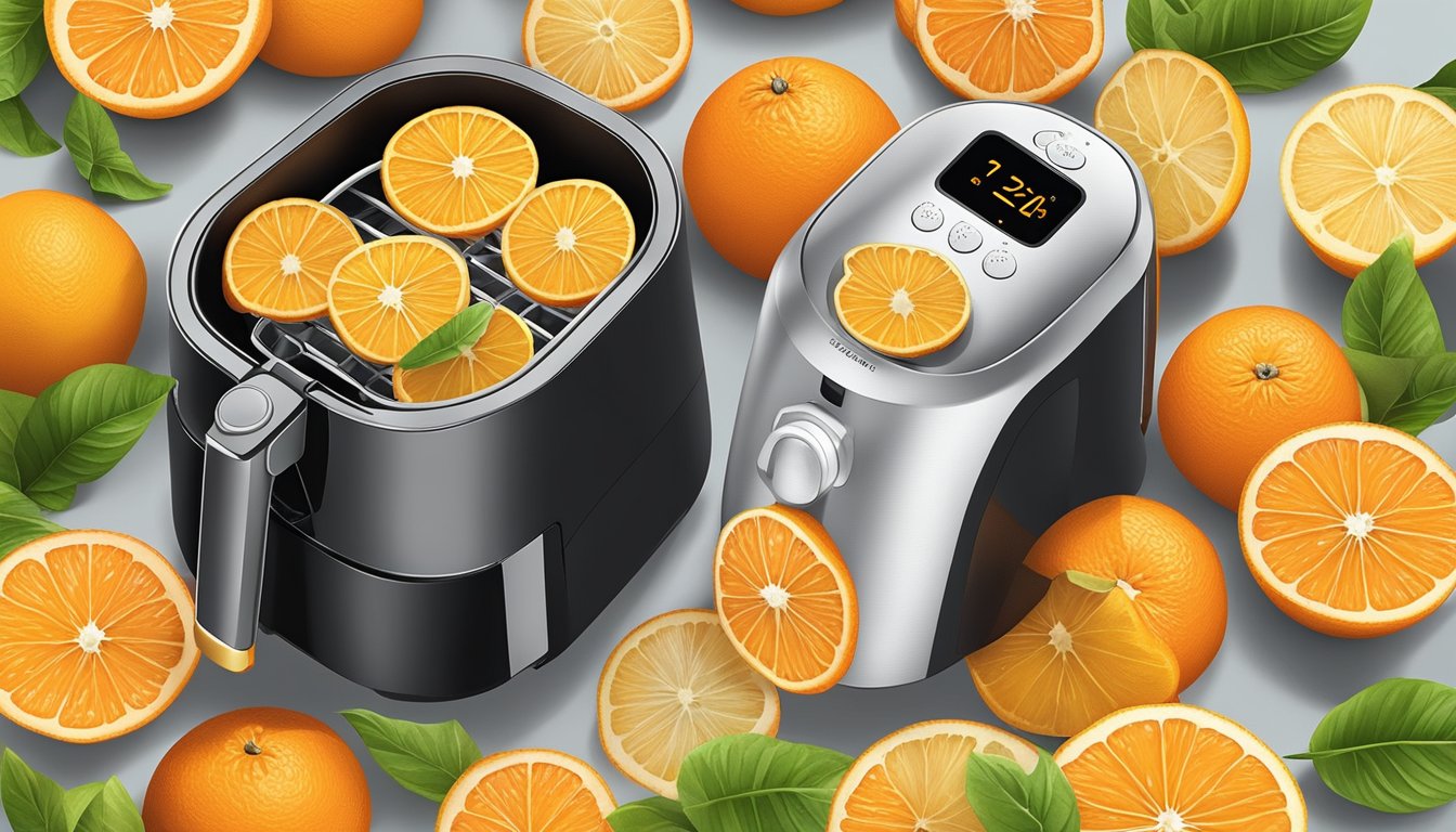 Fresh oranges sliced and arranged on air fryer trays, with the air fryer set to low heat and the timer dial turned to the desired dehydration time