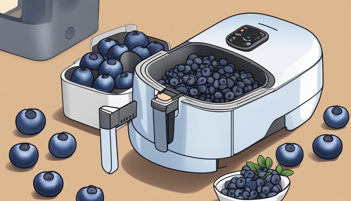 Fresh blueberries arranged in a single layer inside a ninja air fryer, with the machine set to the appropriate temperature and time for dehydration