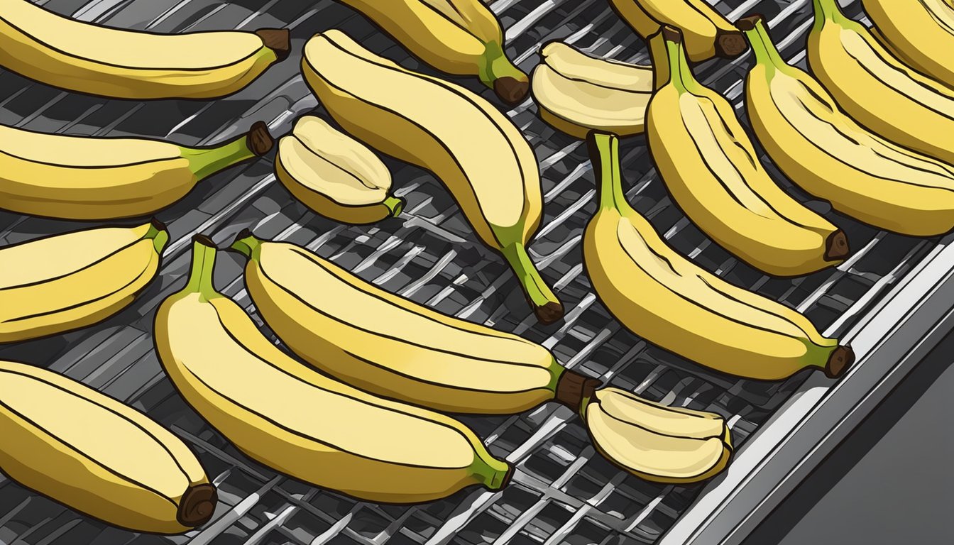 Fresh bananas laid out on a dehydrator tray, set to low heat for 8-10 hours