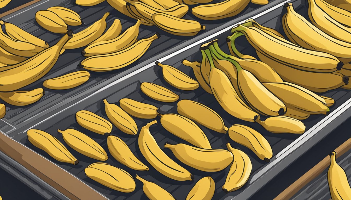 Ripe bananas laid out on dehydrator trays, surrounded by a warm, dry environment