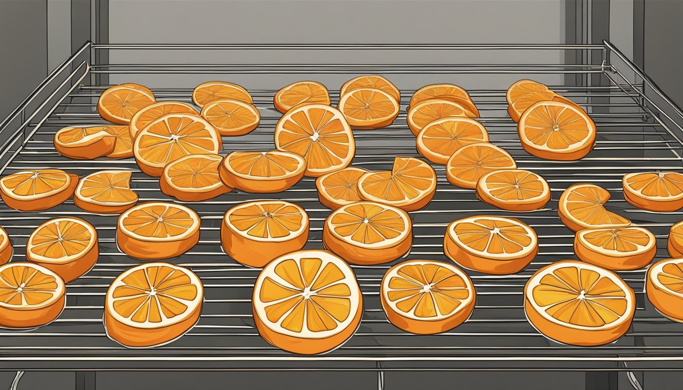 Fresh orange slices arranged on a wire rack in a warm oven, emitting a fragrant aroma as they dehydrate for decorative use