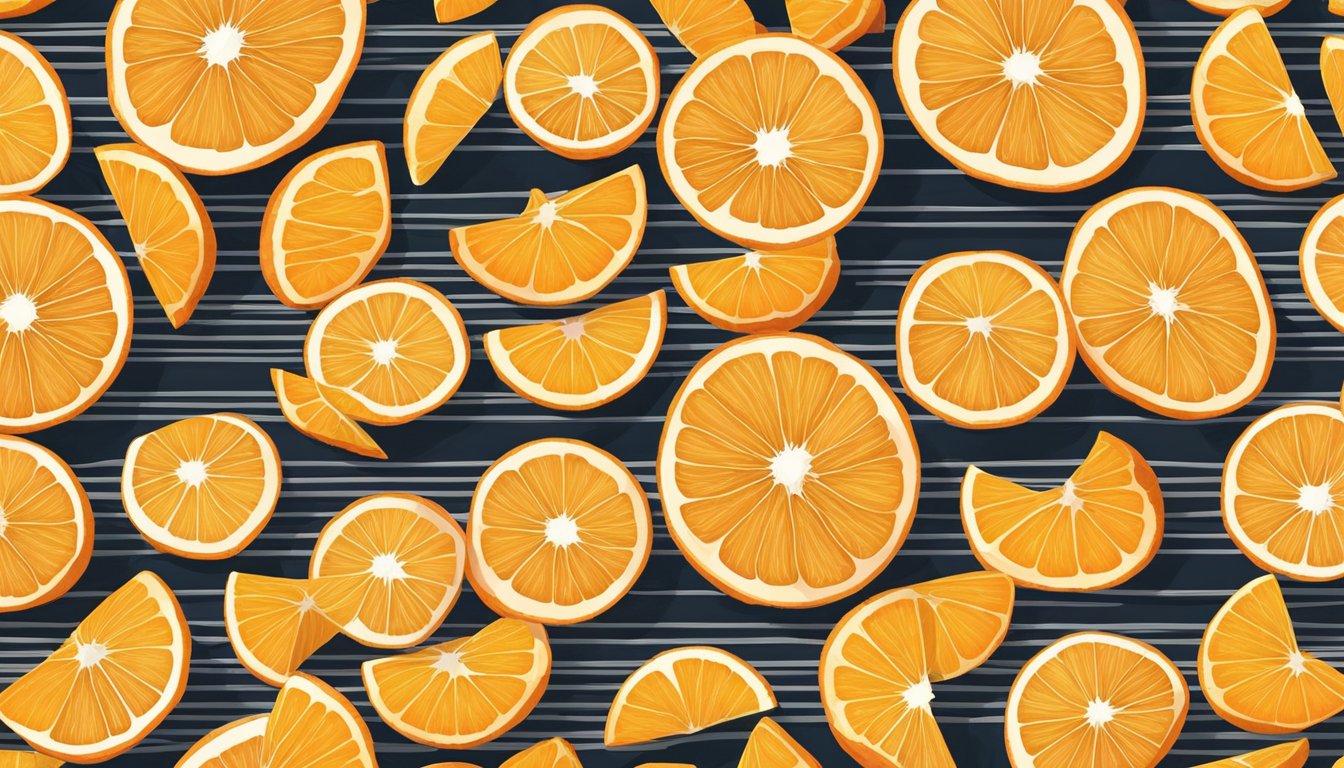 Fresh orange slices arranged on a wire rack inside a preheated oven, with warm air circulating around them, slowly dehydrating to a crisp texture