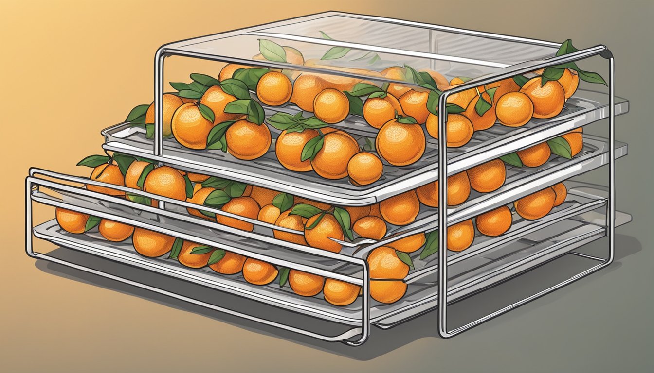 Fresh oranges placed on dehydrator trays, set at 135°F. Timer set for 6-12 hours, depending on desired texture. Warm air circulates, slowly removing moisture from the fruit