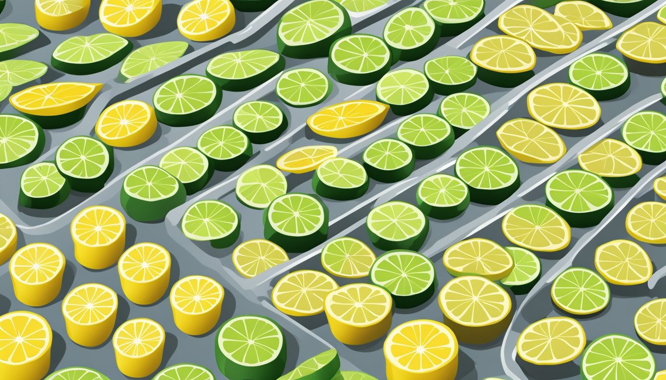 Fresh lemons and limes sliced into thin rounds, arranged on dehydrator trays with space between each slice