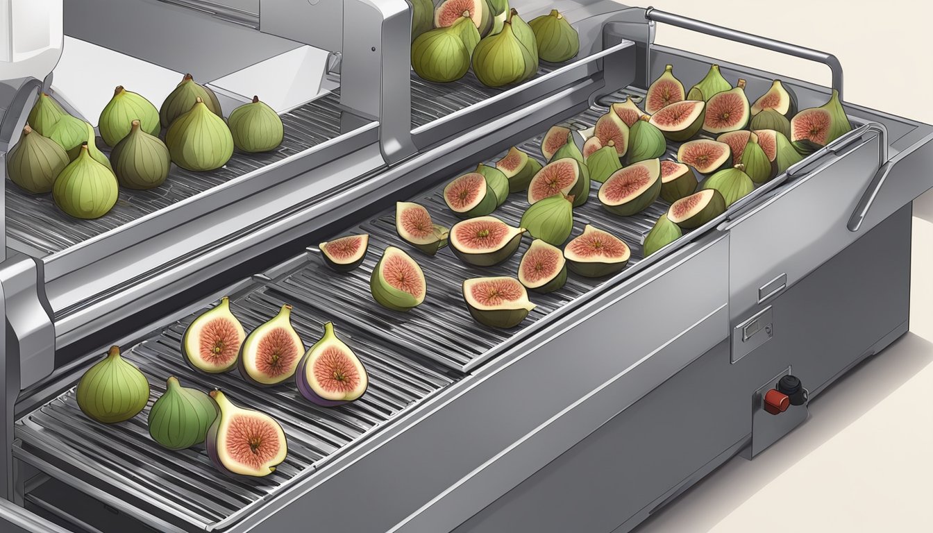 Fresh figs being sliced and arranged on dehydrator trays, with the machine set to low heat