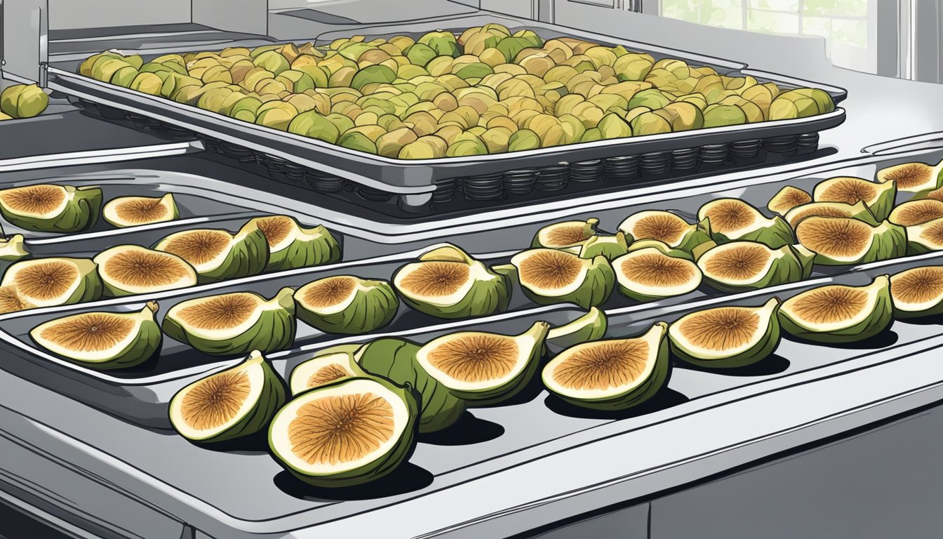 Fresh figs laid out on dehydrator trays, with the machine set to low heat. A bowl of lemon water nearby for dipping