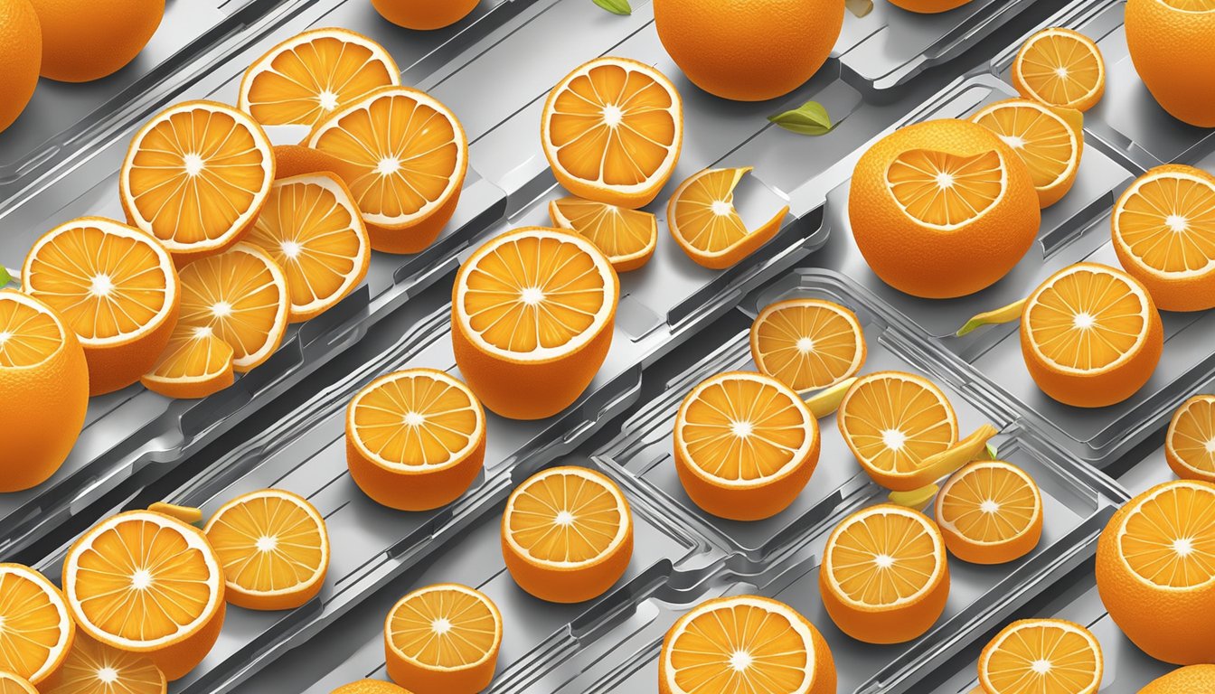 Fresh oranges being sliced into thin rounds and arranged on dehydrator trays