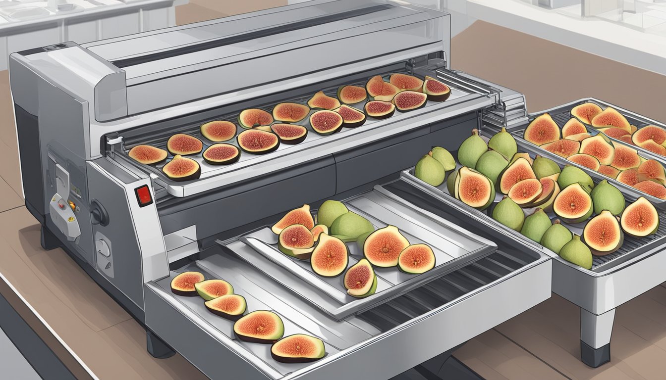 Fresh figs being sliced and arranged on dehydrator trays, with the machine set to low heat