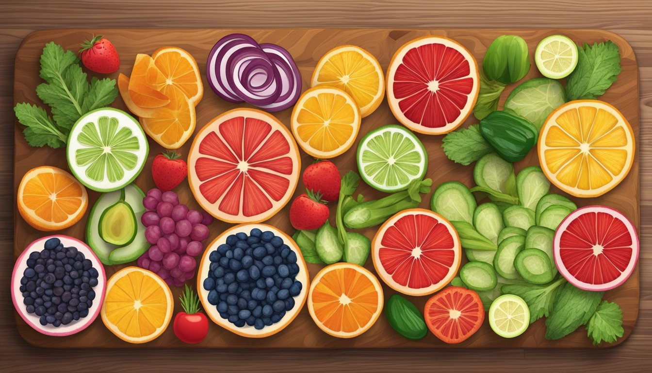 A colorful array of dehydrated fruits and vegetables arranged in a decorative pattern on a wooden cutting board