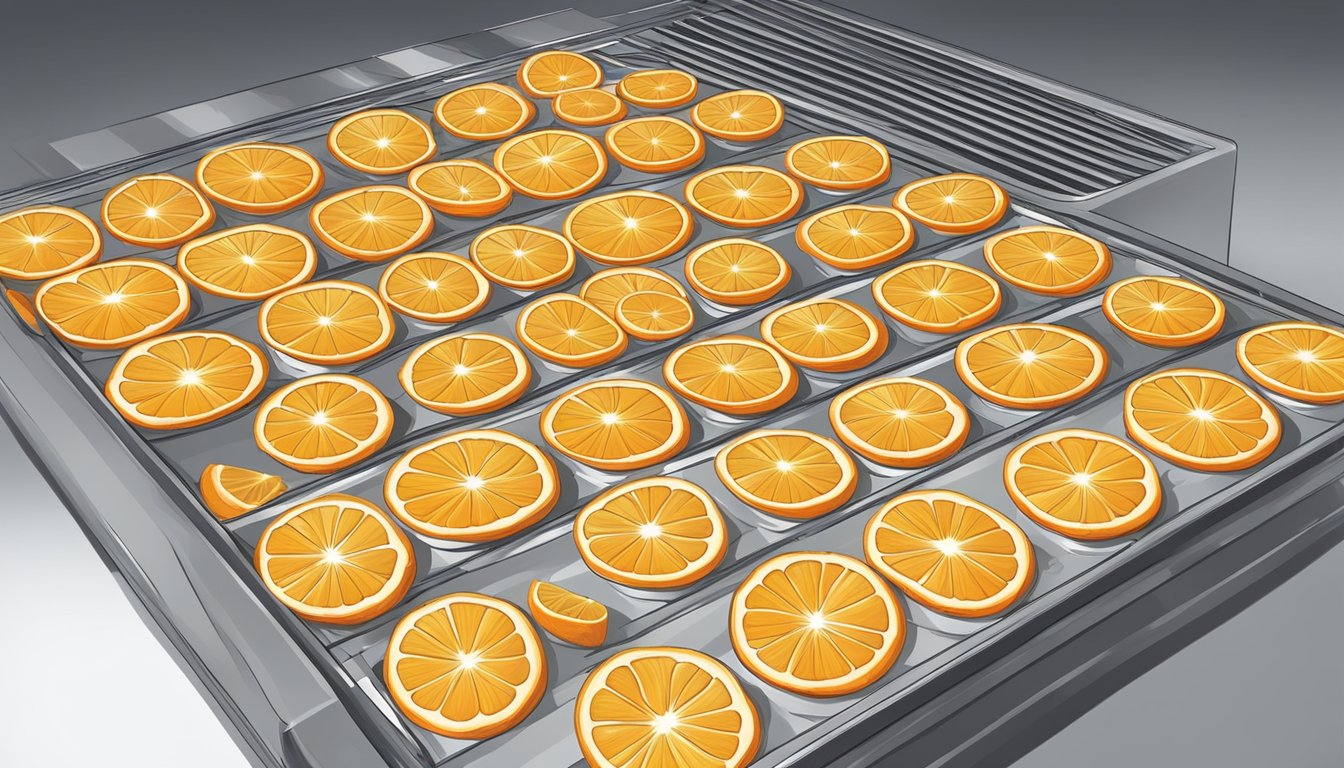 Fresh orange slices arranged on dehydrator trays, with the machine set to the appropriate temperature and time for the dehydration process