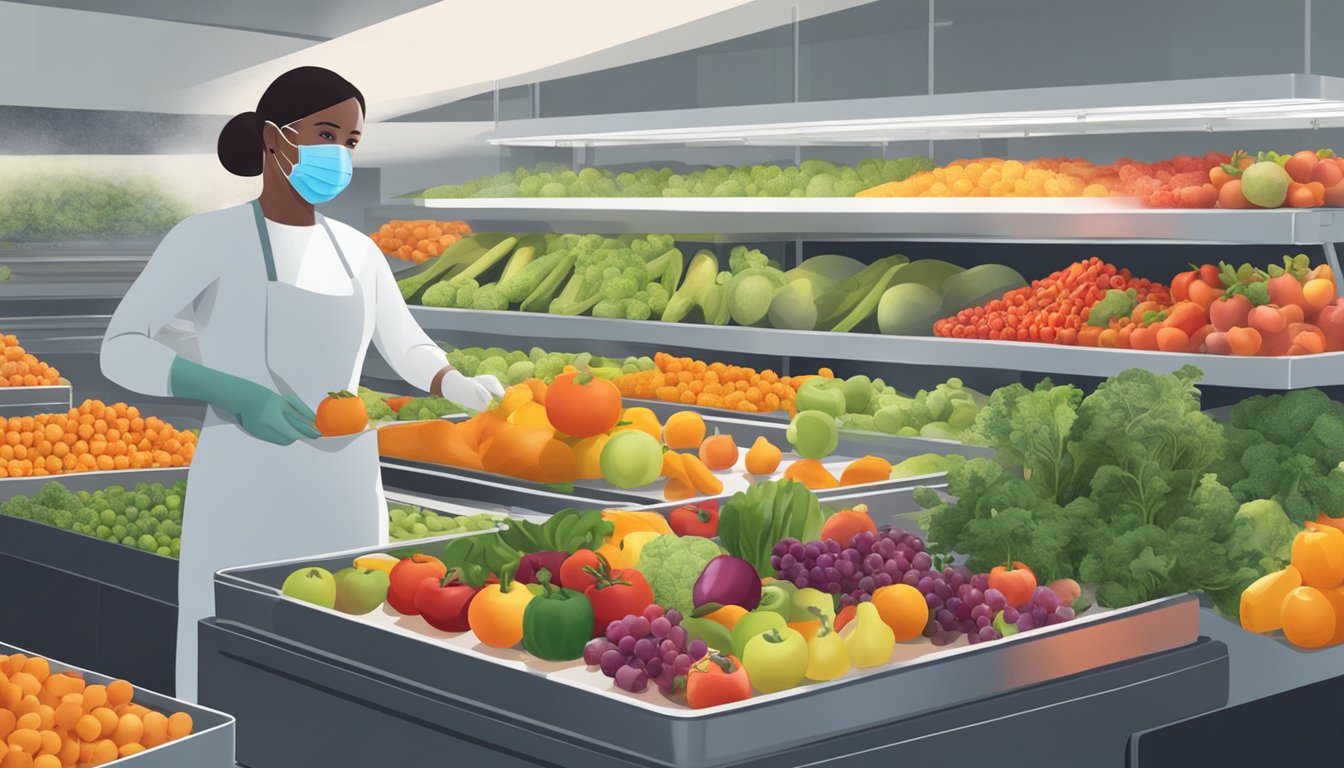 Fresh fruits and vegetables laid out on dehydrator trays, with a person wearing gloves and a face mask in the background