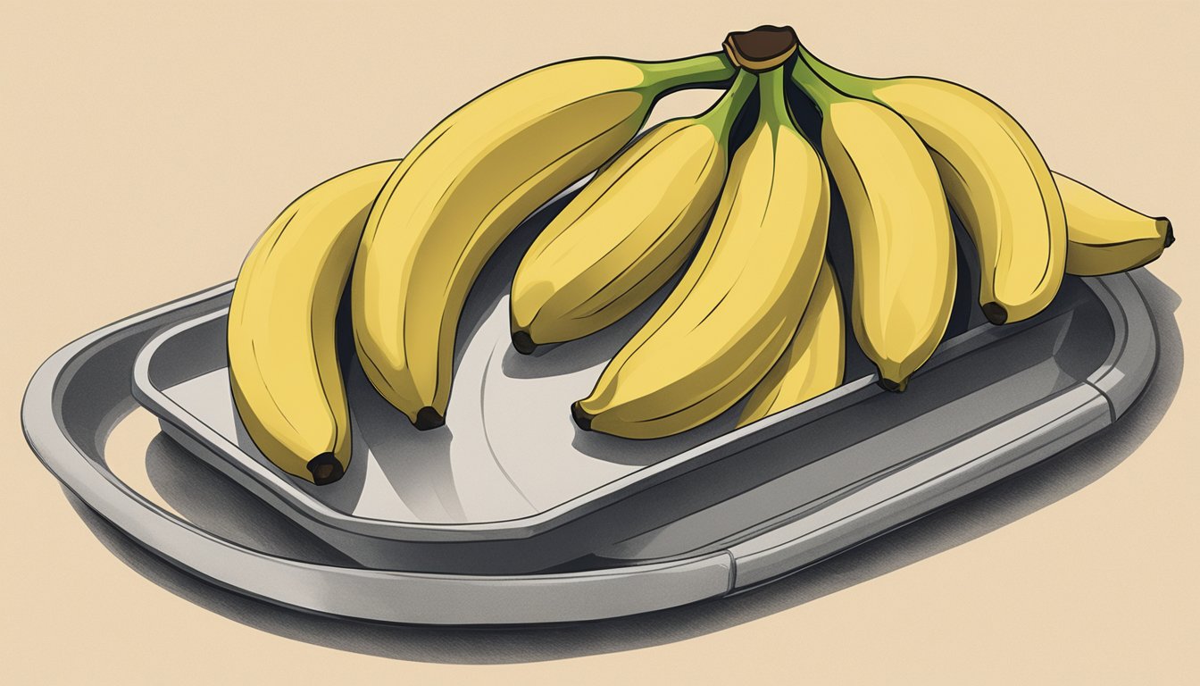 Ripe bananas arranged on a cutting board, being sliced into thin rounds and laid out on a microwave-safe tray