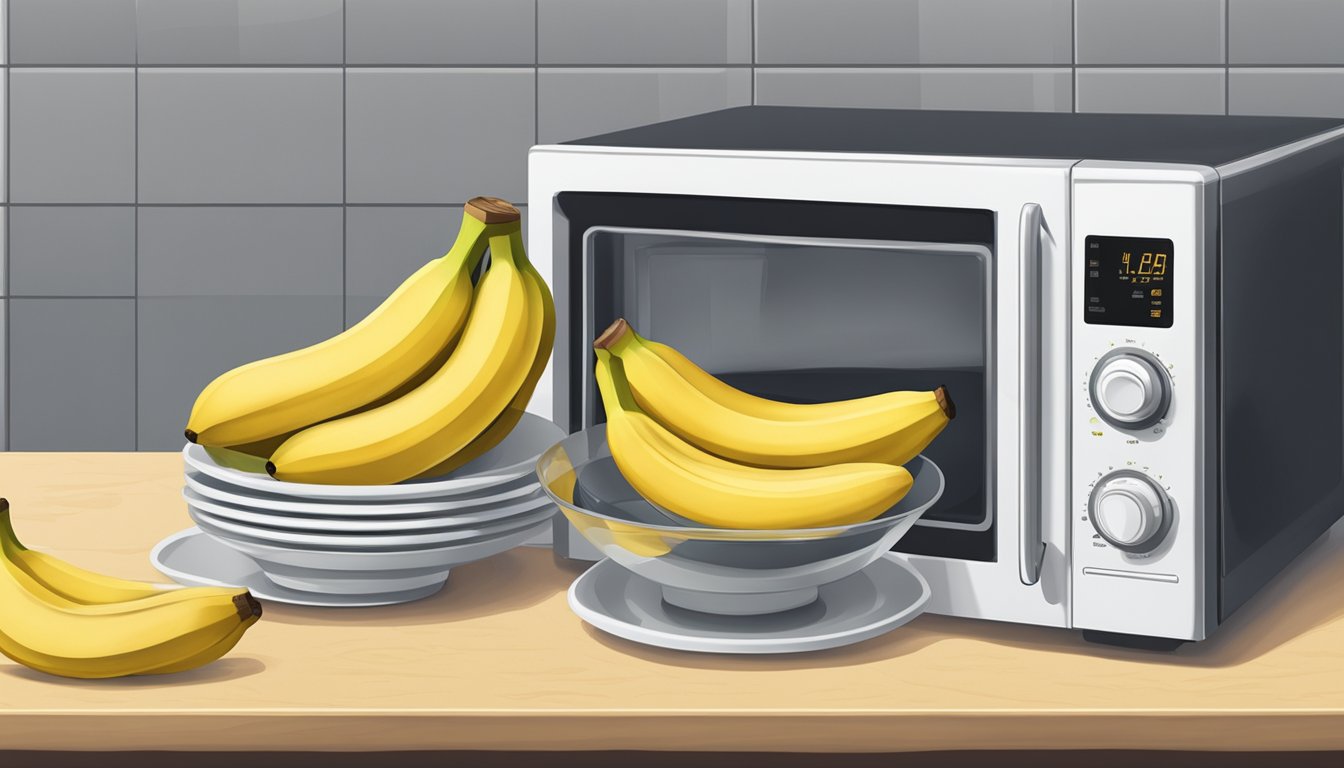 A bowl of sliced bananas arranged on a microwave-safe plate next to a paper towel and a microwave oven