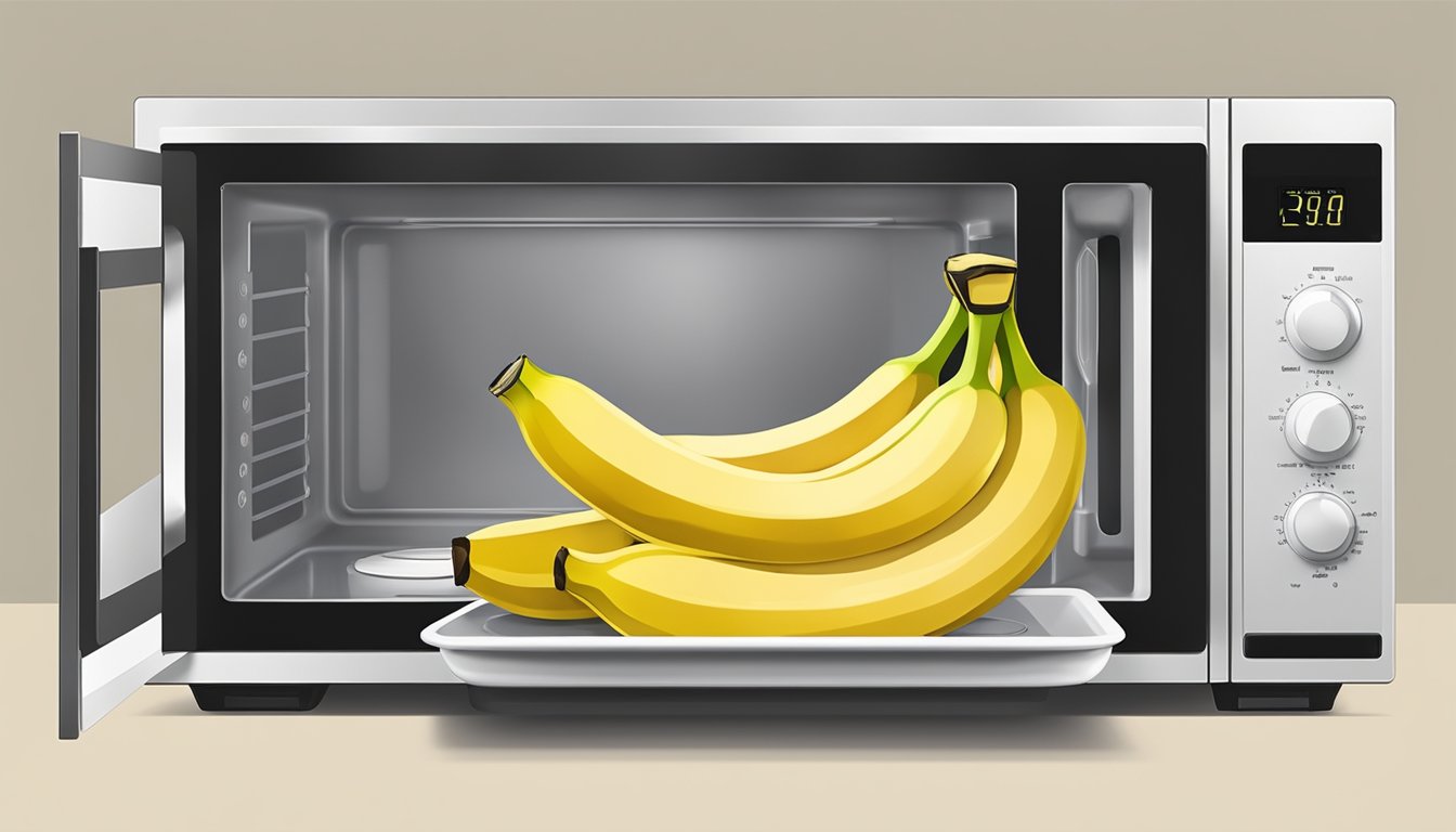 Sliced bananas arranged on a microwave-safe tray, with a paper towel underneath to absorb moisture. Microwave door closed and timer set