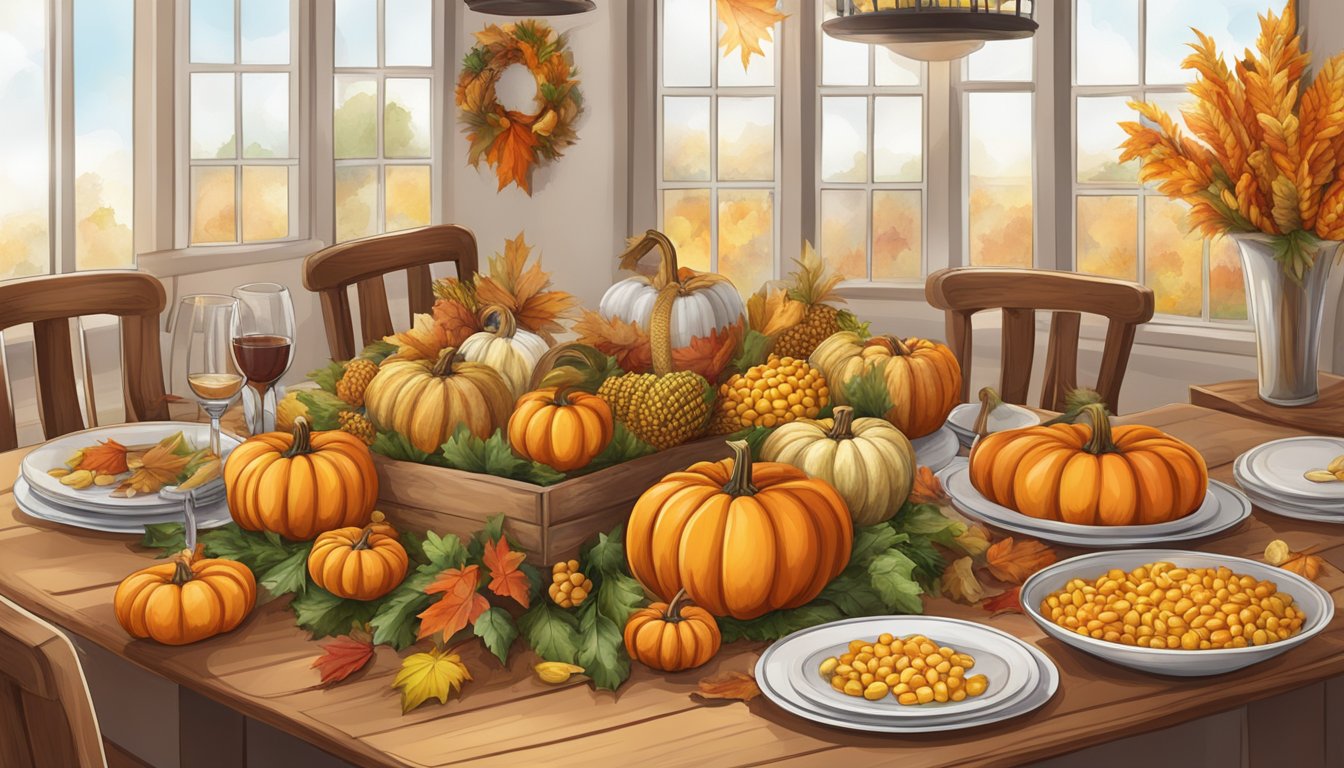 A festive table filled with autumn harvest, pumpkins, corn, and traditional German Texan Erntedankfest decorations