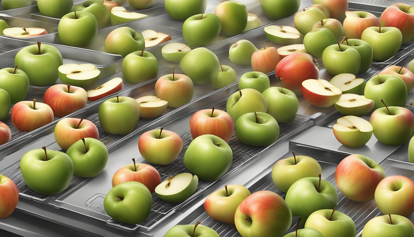 Fresh apples laid out on dehydrator trays, steam rising as they slowly dry, emitting a sweet, fragrant aroma