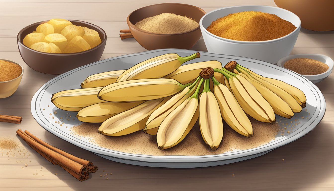 Ripe bananas sliced on a microwave-safe plate, surrounded by various seasoning and flavoring options such as cinnamon, honey, and sea salt