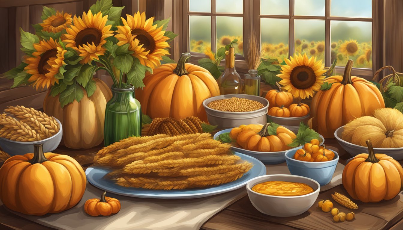 A festive table with pumpkins, sunflowers, wheat sheaves, and traditional German and Texan food and drink