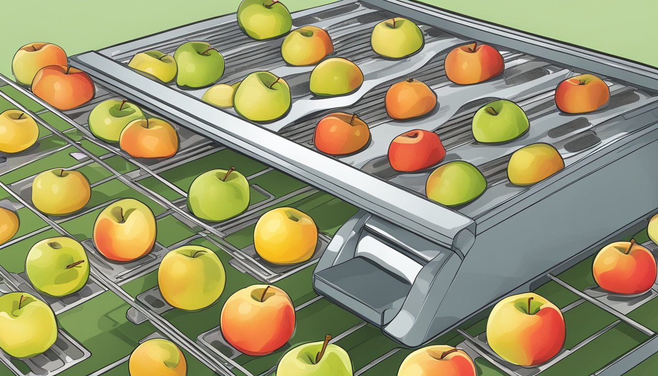 Apples sliced thin on dehydrator trays, with the machine set to low heat