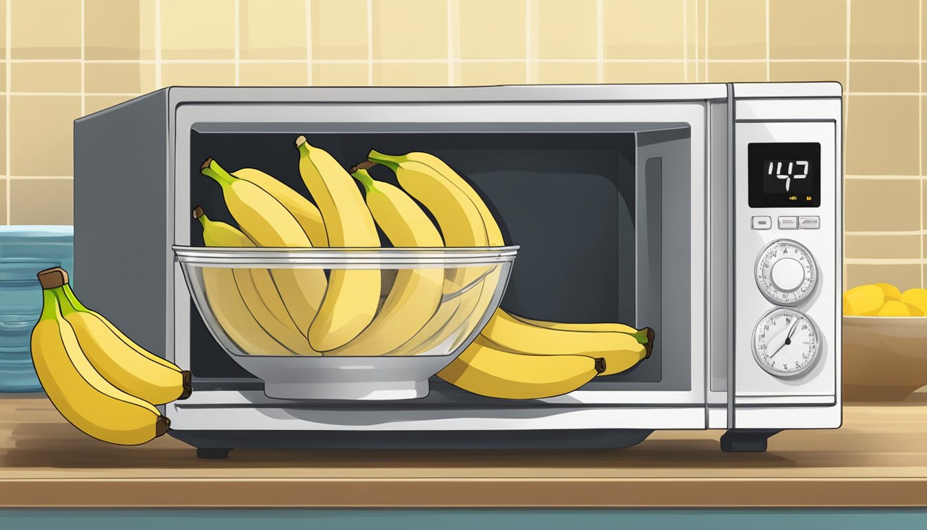 A bowl of sliced bananas placed on a microwave-safe tray, with a microwave in the background and a timer set for the dehydration process