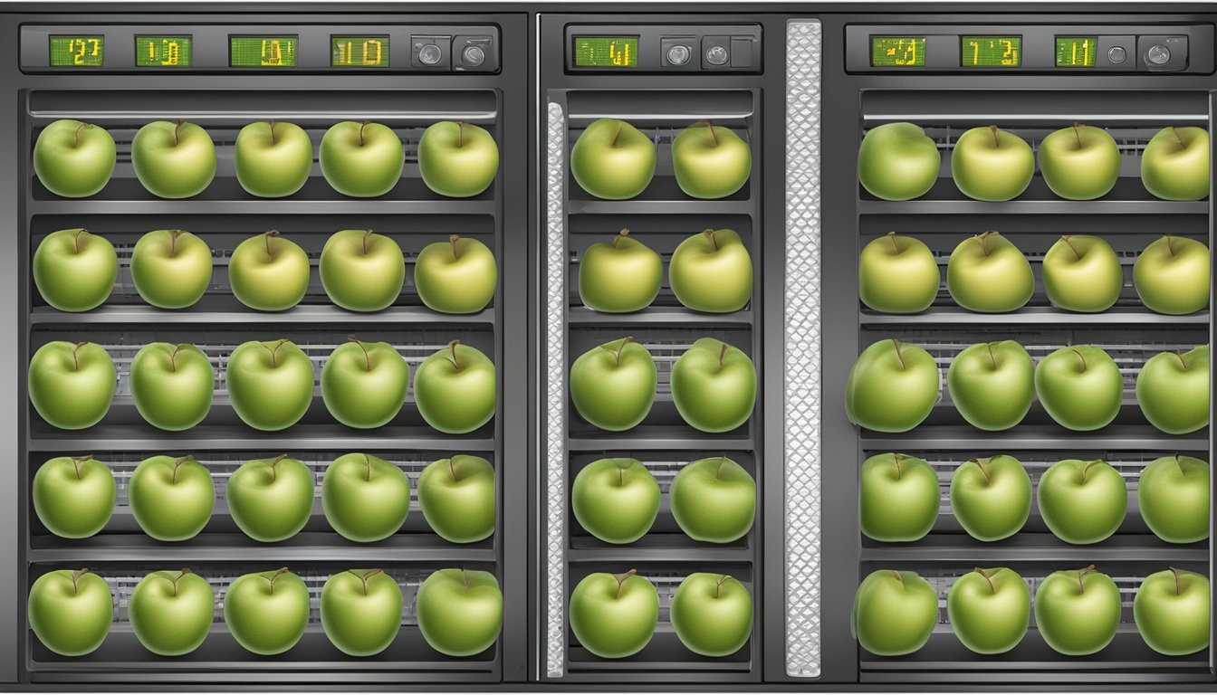 Fresh apples arranged on dehydrator trays, with slices evenly spaced. Temperature and time settings visible on the dehydrator control panel