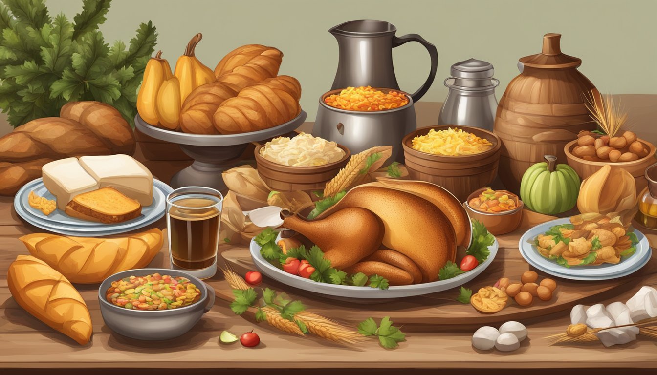 A table set with traditional German and Texan foods, surrounded by festive decorations and symbols of harvest