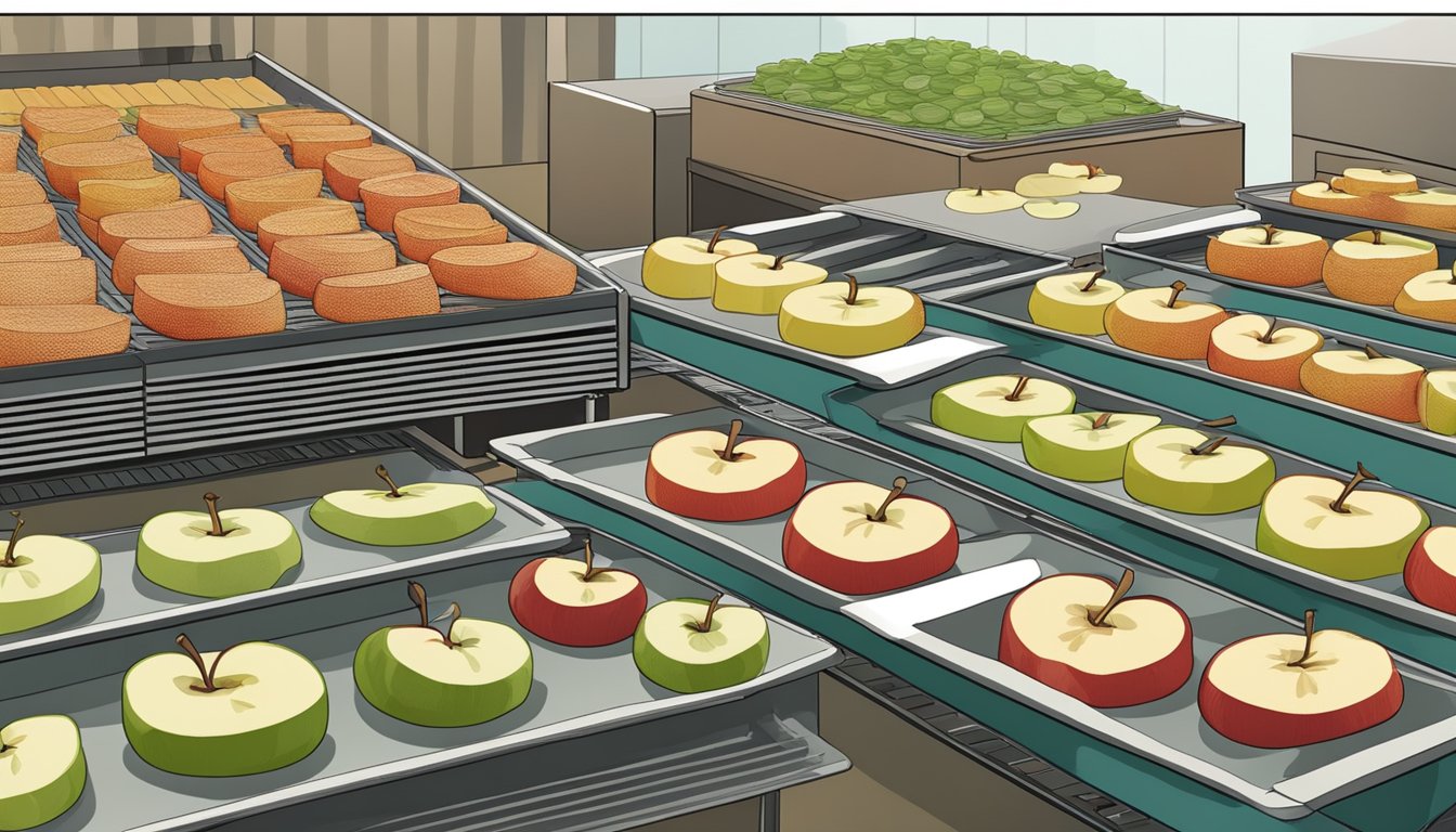 Sliced apples lay on dehydrator trays, set to dry for 6-8 hours