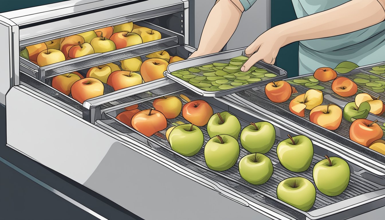 A person placing sliced apples on dehydrator trays