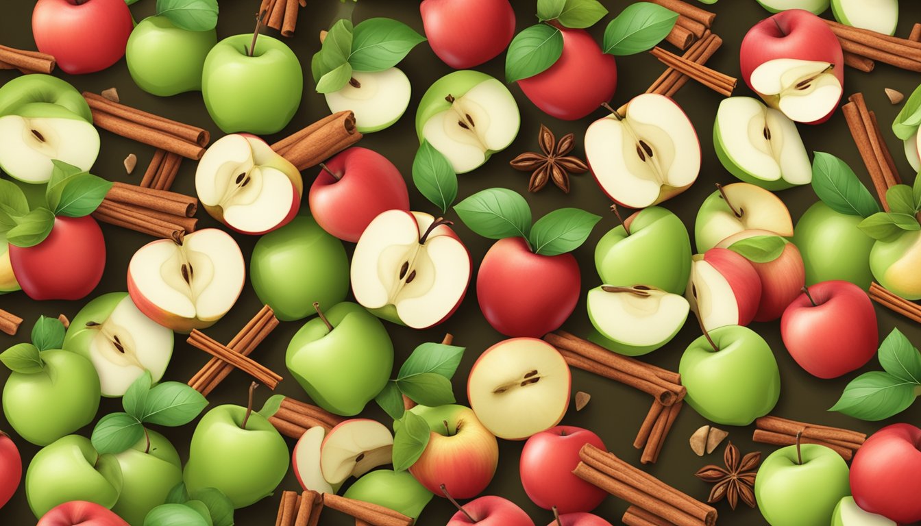 Fresh red and green apples arranged on a dehydrator tray, with cinnamon sticks and cloves scattered around