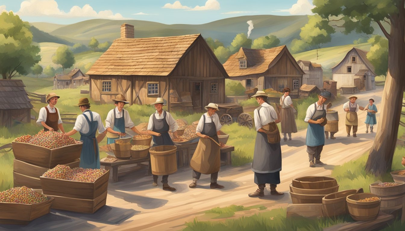 A group of German immigrants making traditional candy in a Texan settlement, surrounded by rolling hills and a rustic village