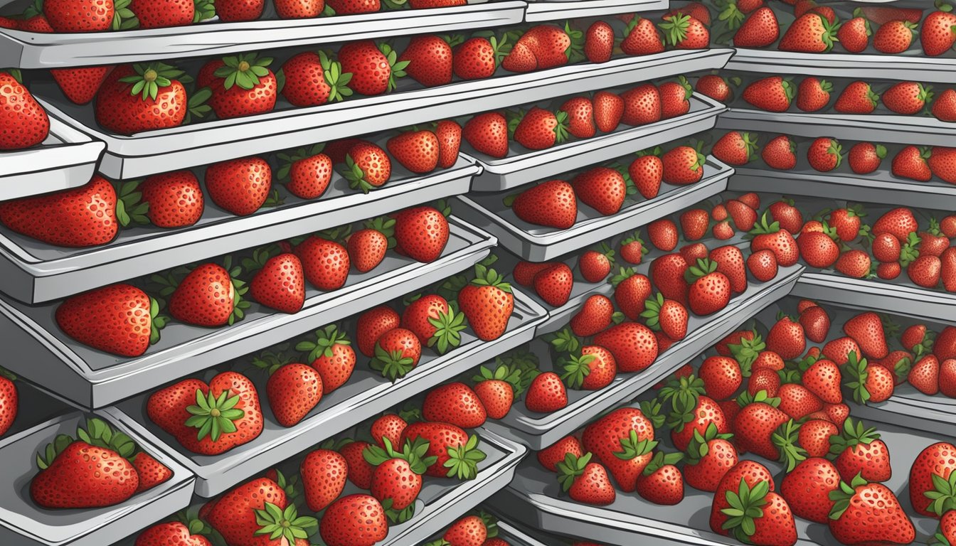 Fresh strawberries arranged on dehydrator trays, ready for drying process