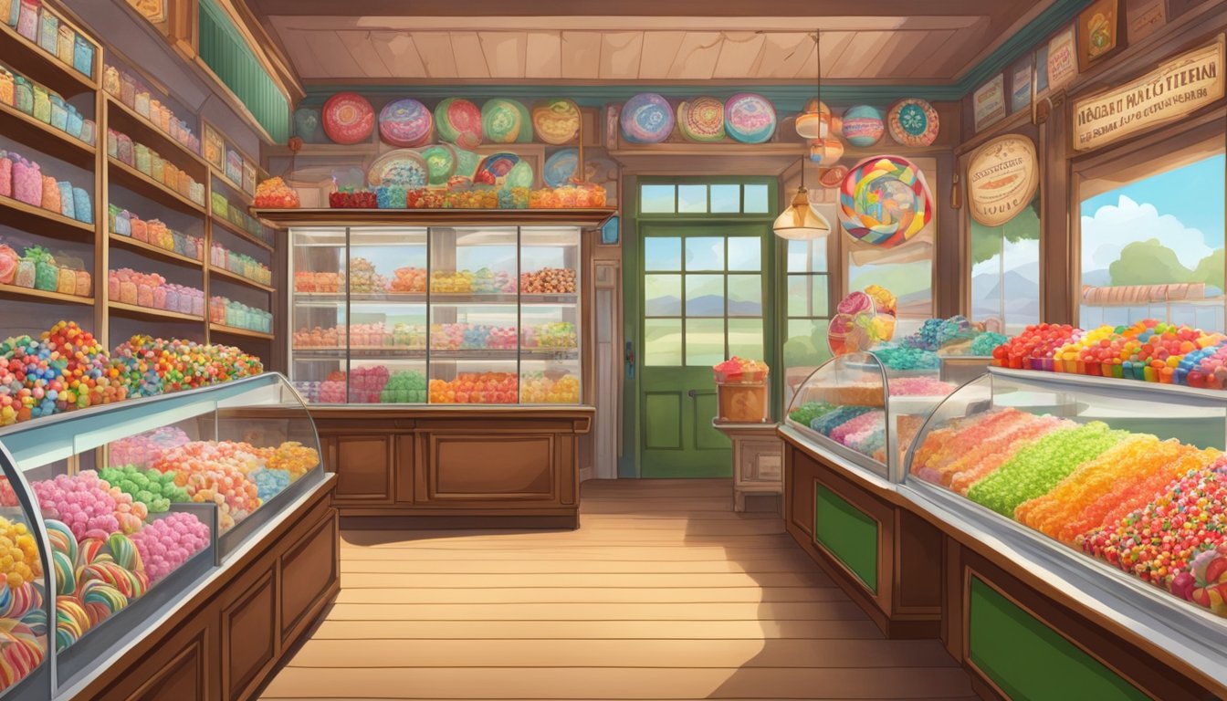 An old-fashioned candy shop with German-Texan heritage, featuring shelves lined with colorful sweets and a vintage candy-making display