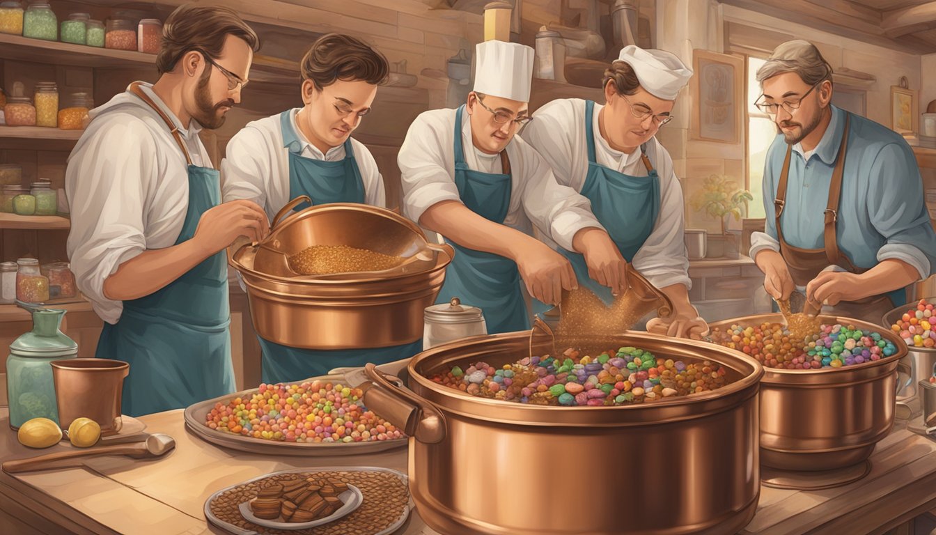 A group of German-Texan candy makers gather around a large copper kettle, stirring and pouring ingredients to create traditional confections