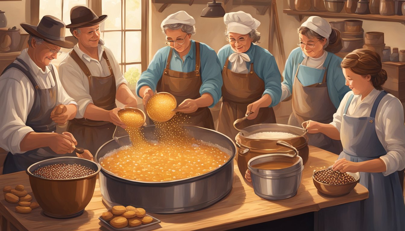 A group of German Texan candy makers gather around a large pot, stirring and pouring molten sugar to create traditional confections. The room is filled with the sweet aroma of caramel and chocolate