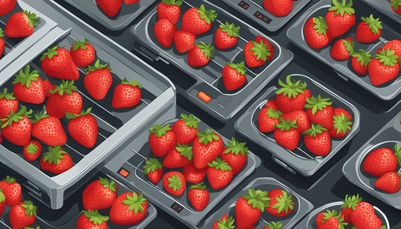 Fresh strawberries laid out on a dehydrator tray, with the machine's temperature and timer settings being adjusted