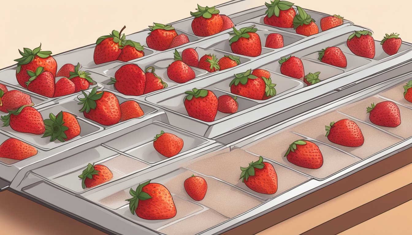 Fresh strawberries laid out on dehydrator trays, surrounded by bowls of sugar and cinnamon. Timer set for 6-8 hours