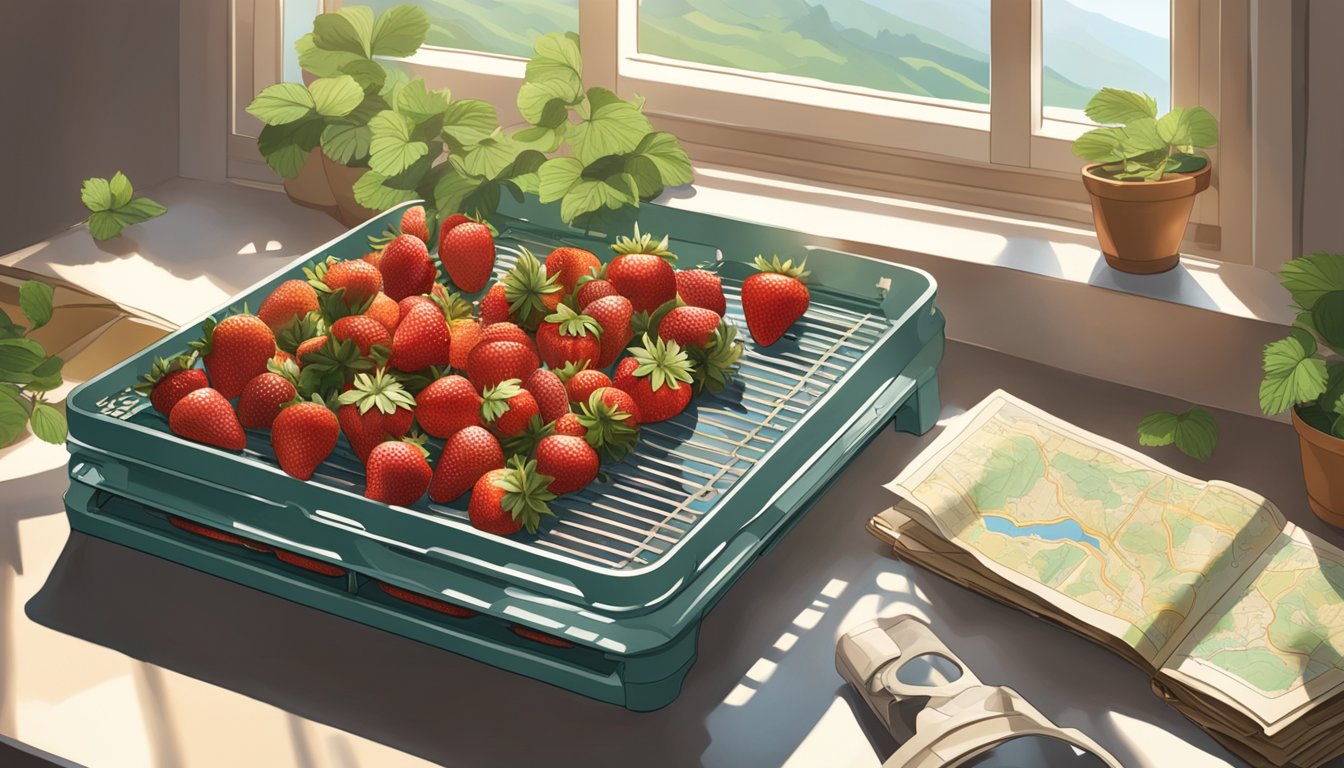 Fresh strawberries laid out on a dehydrator tray, surrounded by outdoor gear and a map. Sunlight streams through a nearby window