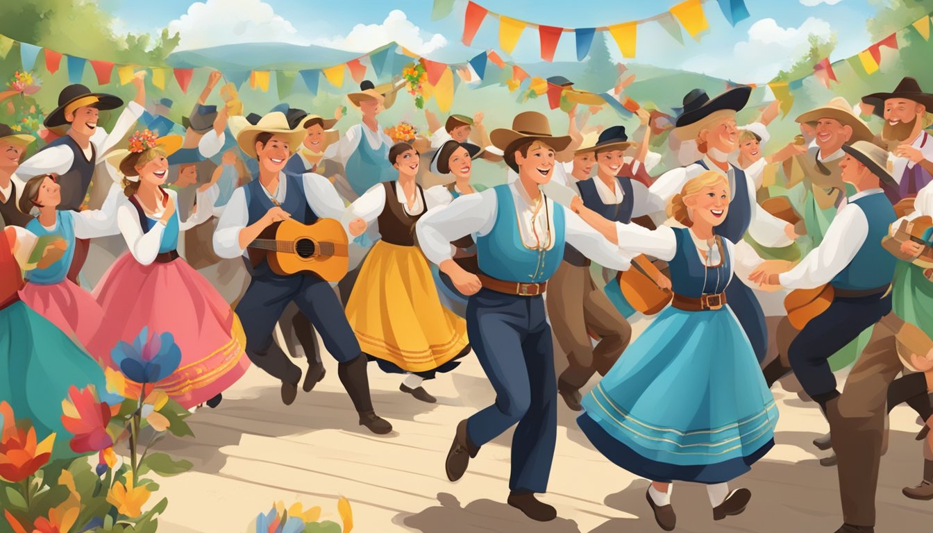 A joyful Pfingsten celebration with German Texan traditions, featuring folk dances, colorful costumes, and traditional music