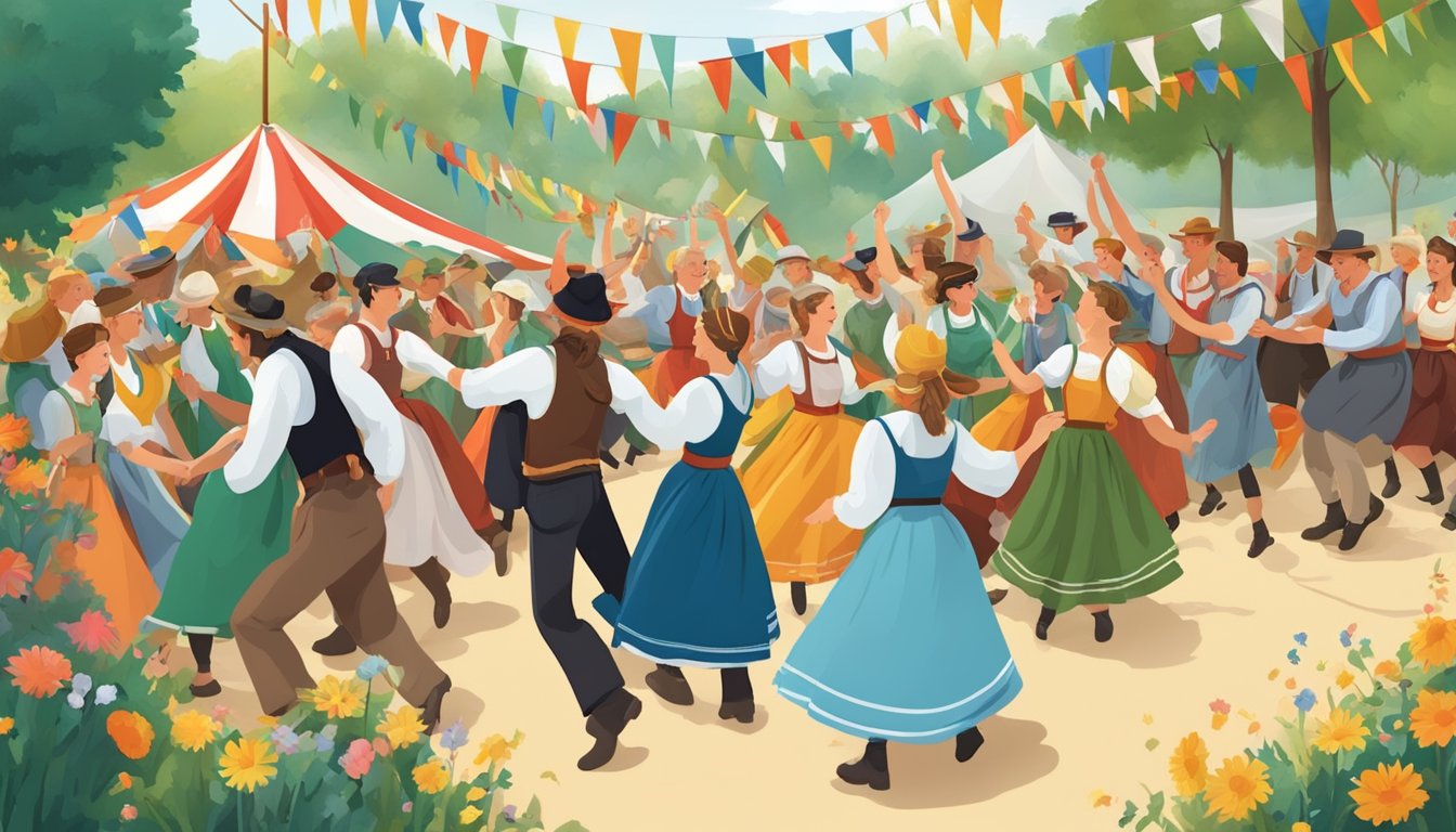 A lively Pfingsten celebration with traditional German Texan decorations, folk costumes, and dancing around a maypole