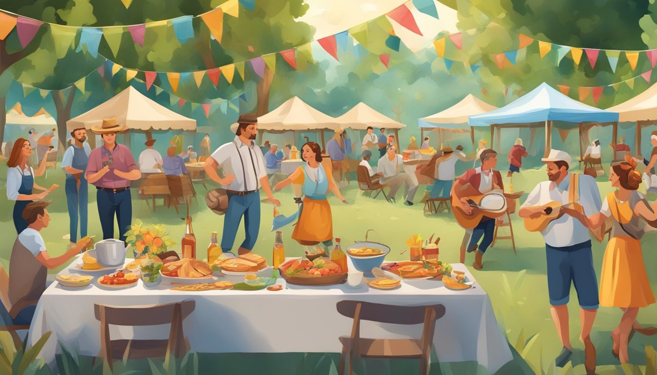 A festive outdoor picnic with colorful decorations, traditional German and Texan foods, folk music, and people enjoying games and dancing