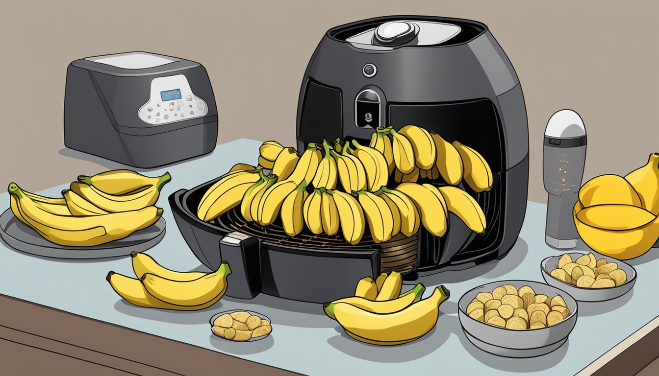 A bunch of ripe bananas being sliced into even pieces and arranged on the air fryer tray, with the air fryer set to the desired dehydration time