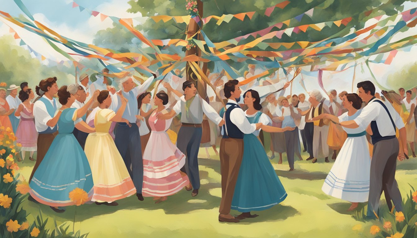 A group of people gather around a maypole, adorned with colorful ribbons and flowers, while others engage in traditional German Texan folk dances