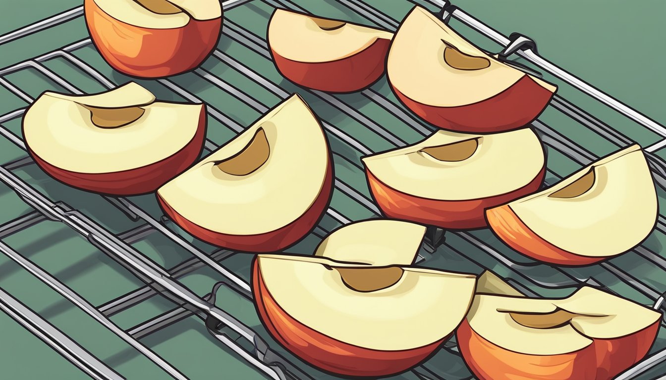 Fresh apple slices arranged on a wire rack inside an air fryer, with the air fryer set to the appropriate temperature and timer for dehydration