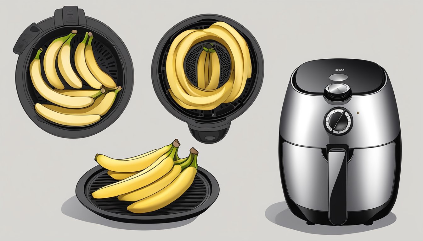 Ripe bananas sliced on a tray inside an air fryer, with the appliance set to the recommended temperature and time for dehydrating