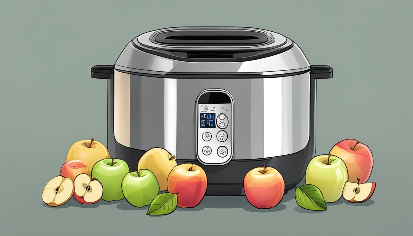 Slices of apples arranged in a single layer inside an air fryer, with the appliance set to the dehydrate function and the timer counting down